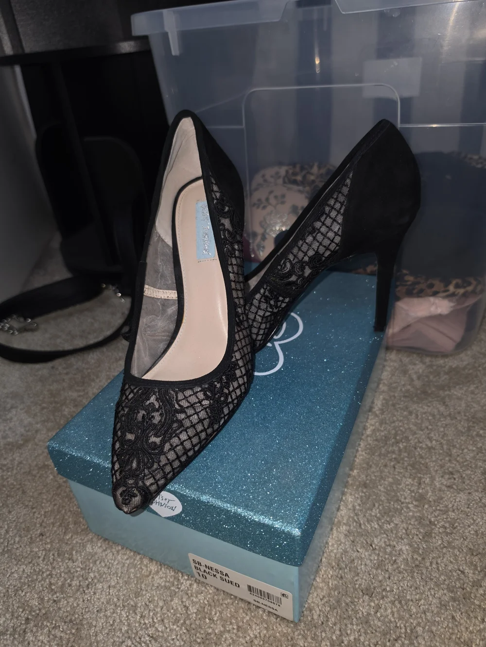Betsey Johnson Betsey Blue Black Lace Heel. Sz 10, gothic wedding shoe